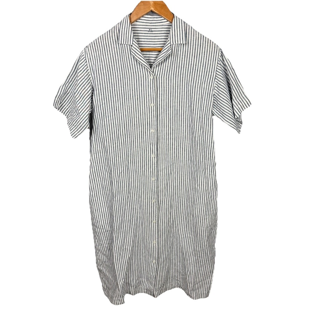 Women's Summer Shirt Dress 100% Linen White Blue Striped Classic size M‎ / L